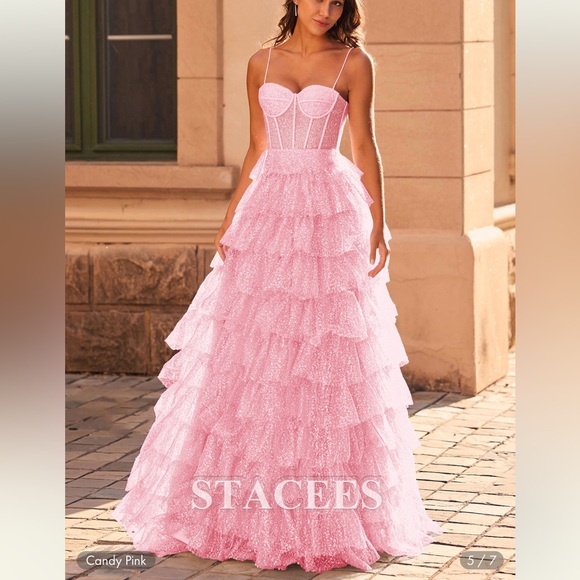 NWT Pink tiered prom gown glitter tulle with sweep train, size 2 , candy pink - Picture 7 of 12